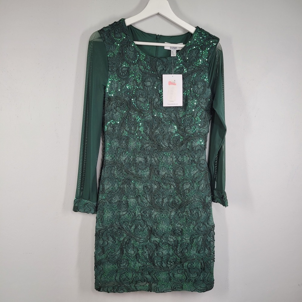 BELLE Bagley Mischka Dress Size 8 Sheath Green Sequin Sheer Long Sleeves